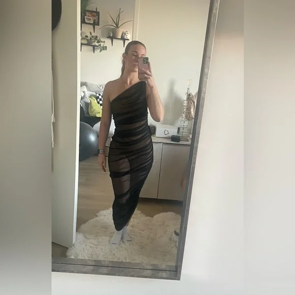 Norma Kamali Black Diana one-shoulder gown Sheer Bodysuit Dress Size S / 36 - Picture 8 of 9